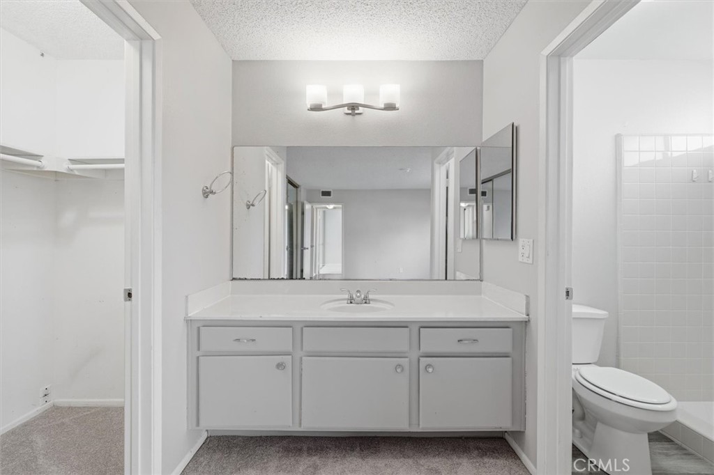 Bathroom with a wide mirror and white vanity between an open closet and the toilet and tiled shower.