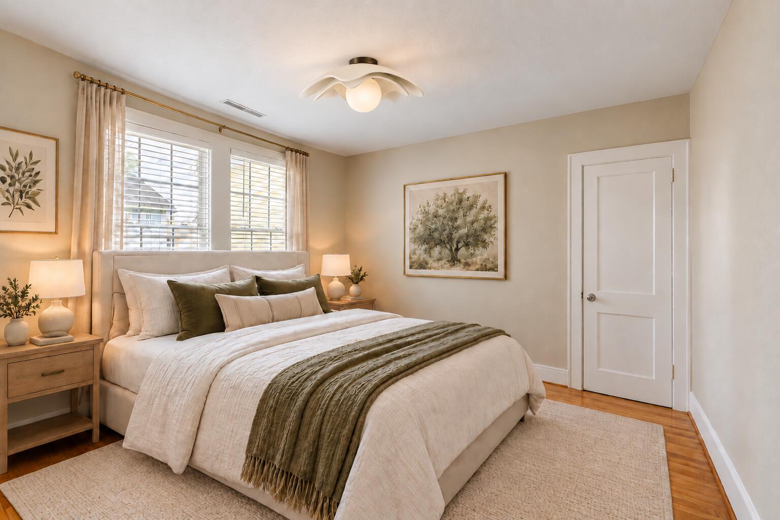 Bedroom with a neatly made bed, olive accent pillows, botanical art, and curtained windows.