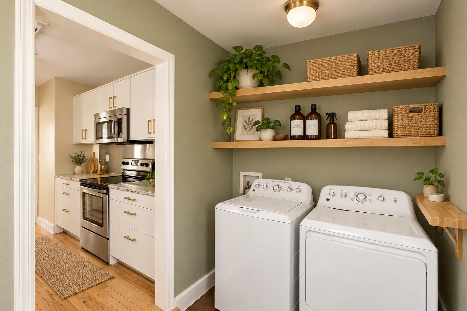 Laundry room with white washer and dryer, wooden display shelves, and an adjoining kitchen.