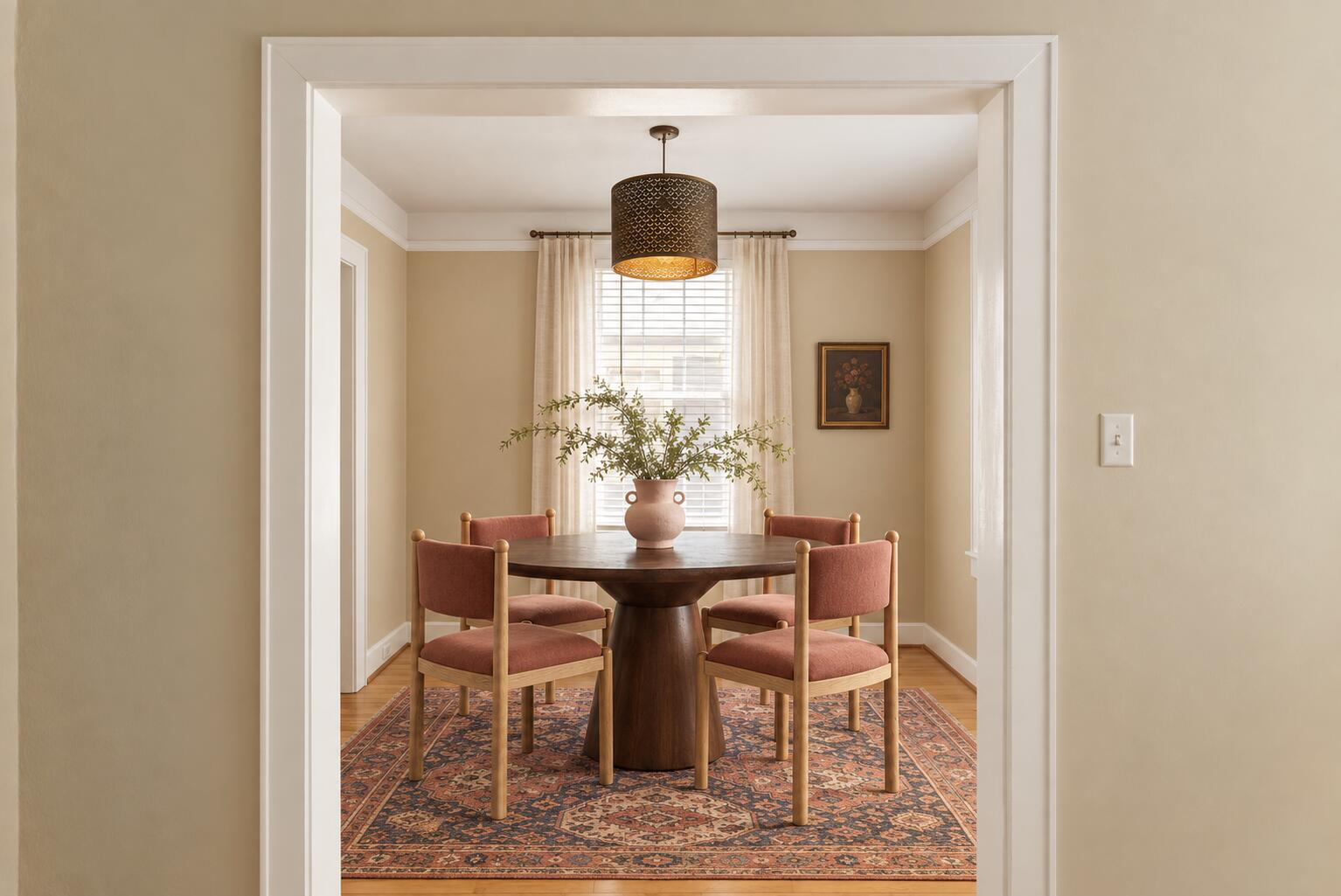 Dining room with a round pedestal table, coral chairs, patterned rug, and curtained window.