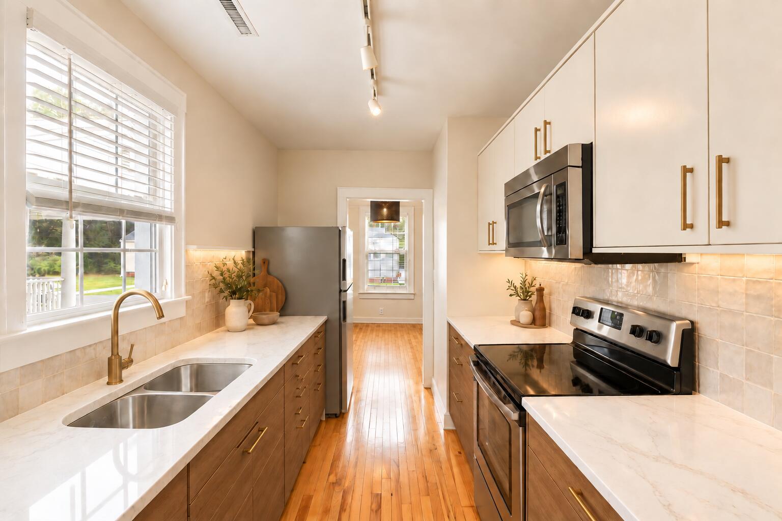 Bright narrow kitchen with white counters, warm wood cabinets, hardwood floors, and stainless steel appliances.