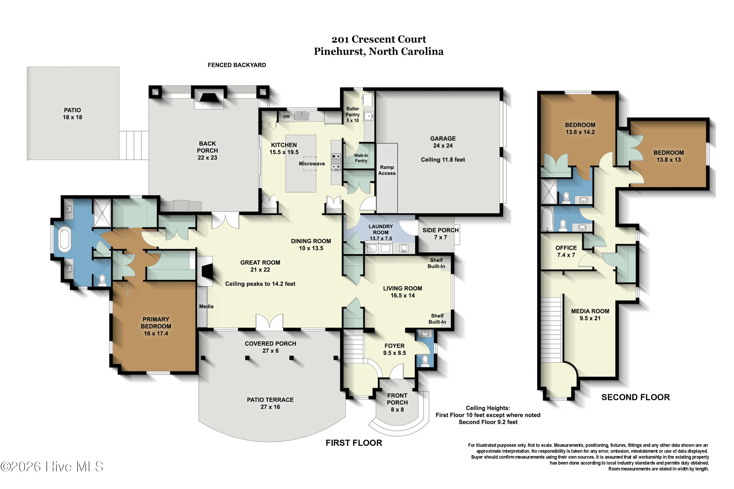 Two-floor home plan for 201 Crescent Court, with room labels, dimensions, porches, and patio terrace.