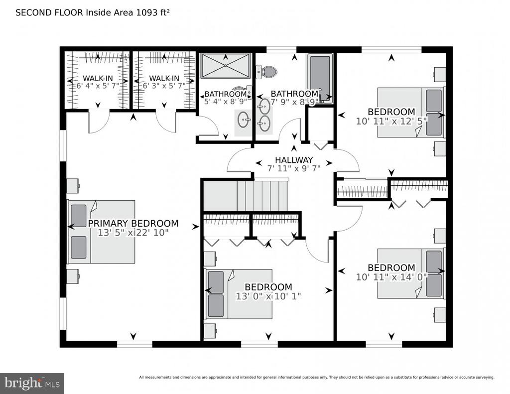 Second-floor floor plan with four bedrooms, two bathrooms, walk-in closets, and a central hallway.