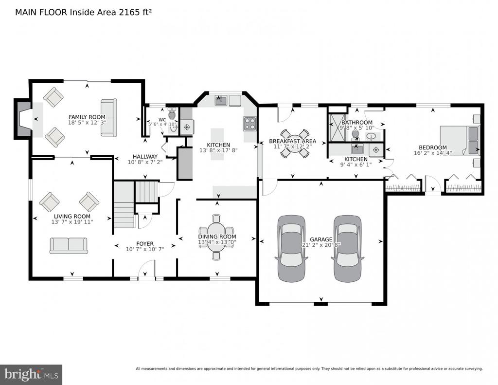 Main-floor plan with living and family rooms, kitchen, bedroom, and two-car garage.