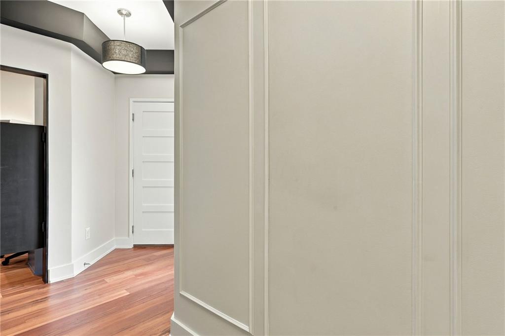 Home hallway with warm hardwood floors, a white paneled door, and a hanging drum light.