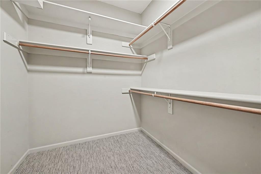 Walk-in closet with carpet and wraparound shelves and hanging rods.