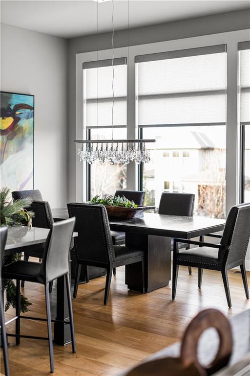 Dining room with a dark table, black chairs, crystal chandelier, and tall shaded windows.
