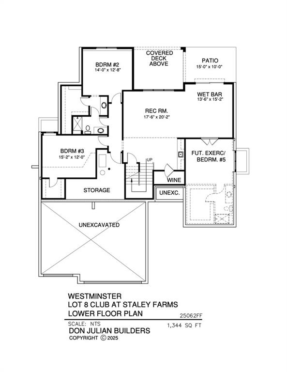 Lower-floor plan with bedrooms, recreation room, wet bar, patio, and unexcavated area.