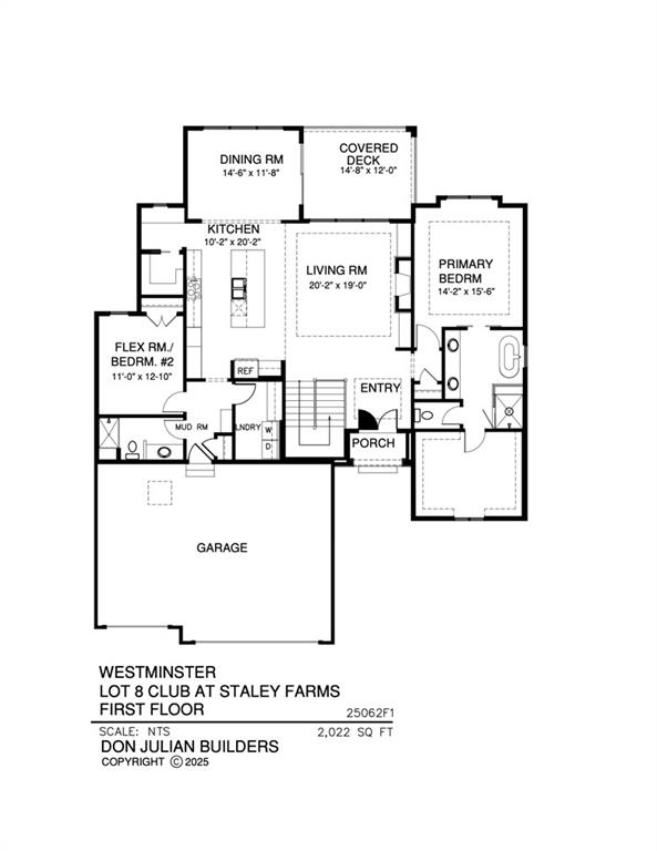 First-floor plan showing a two-bedroom home with a flex room, covered deck, porch, and attached garage.
