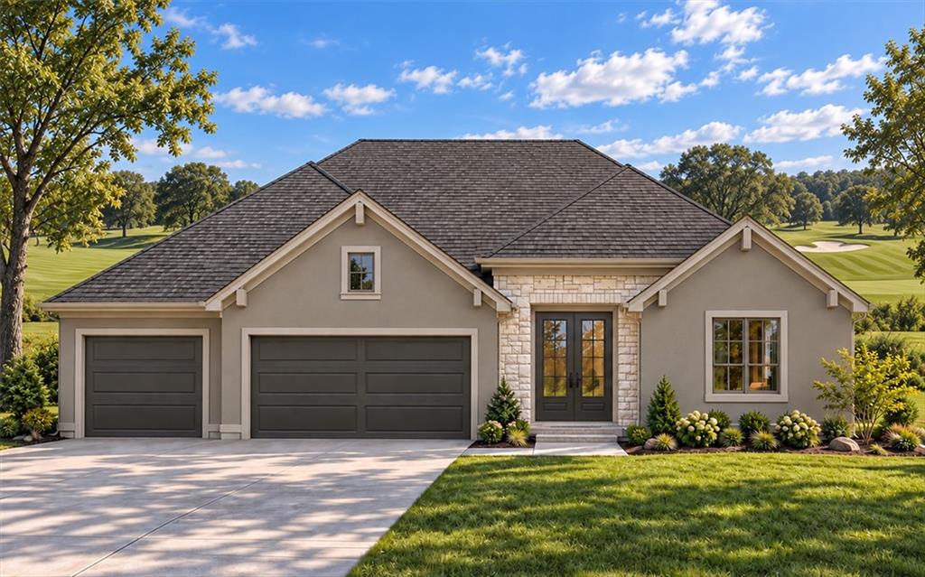 Single-story home with a stone entry and three-car garage beside a golf course.