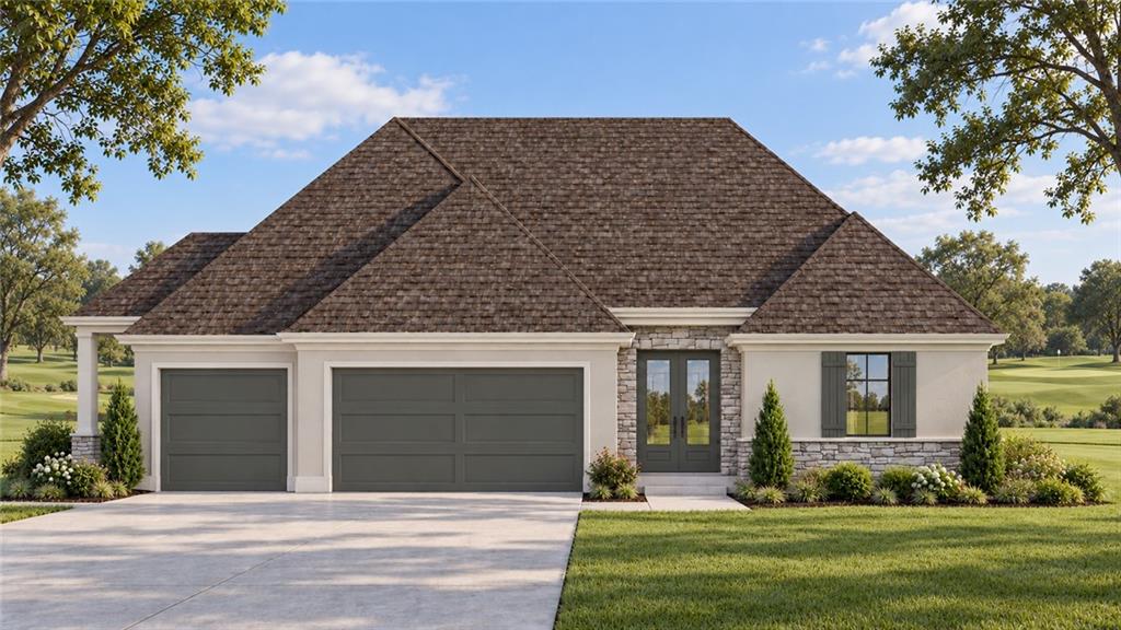 Single-story home with a stone-accented facade, dark roof, and three-car garage.