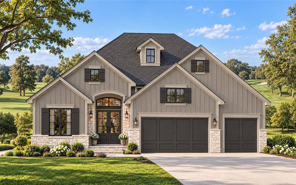 Front exterior of a light-sided home with stone accents, dark shutters, and a three-car garage.