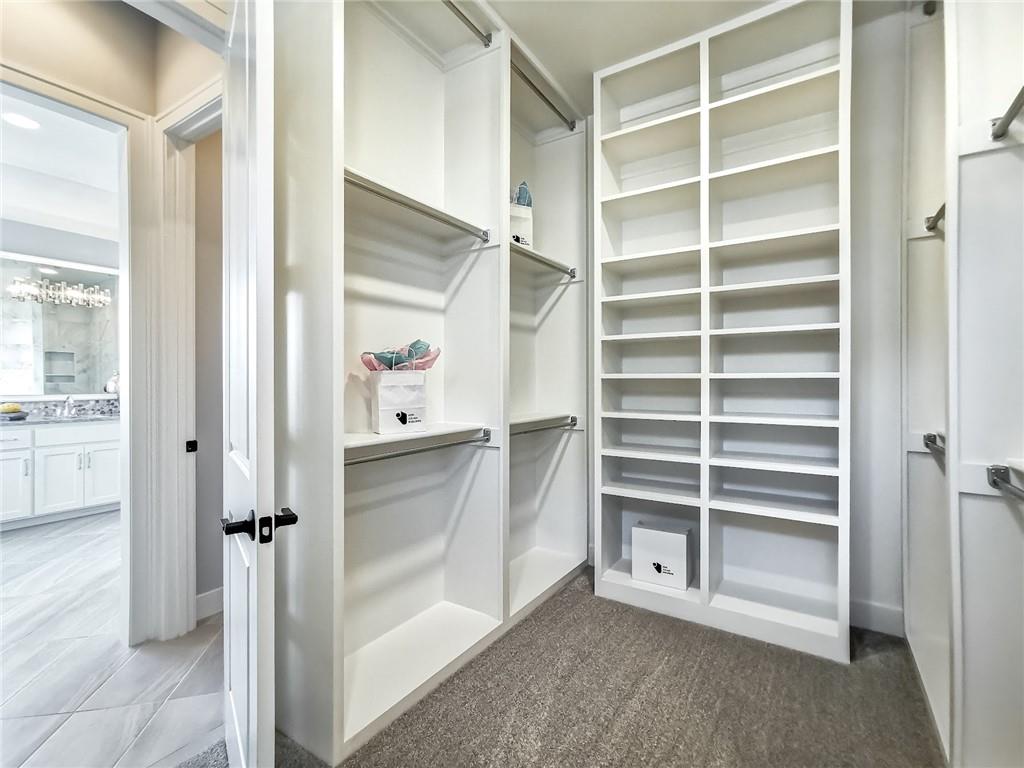 Walk-in closet with built-in shelves, hanging rods, and carpeted flooring.