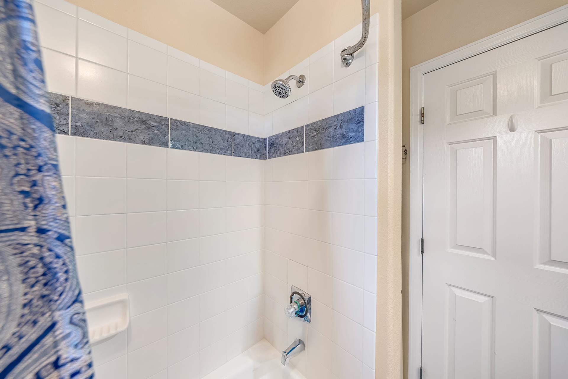 Bathroom shower with white tile, a blue-gray accent stripe, and chrome fixtures.