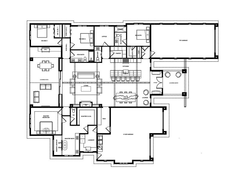 Floor plan showing three kid bedrooms, a primary suite, open living areas, an RV garage, and a two-car garage.