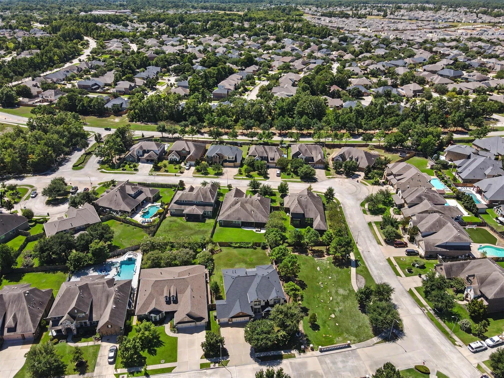 Aerial view of Riley Woods Court homes, tree-lined streets, and backyard swimming pools.