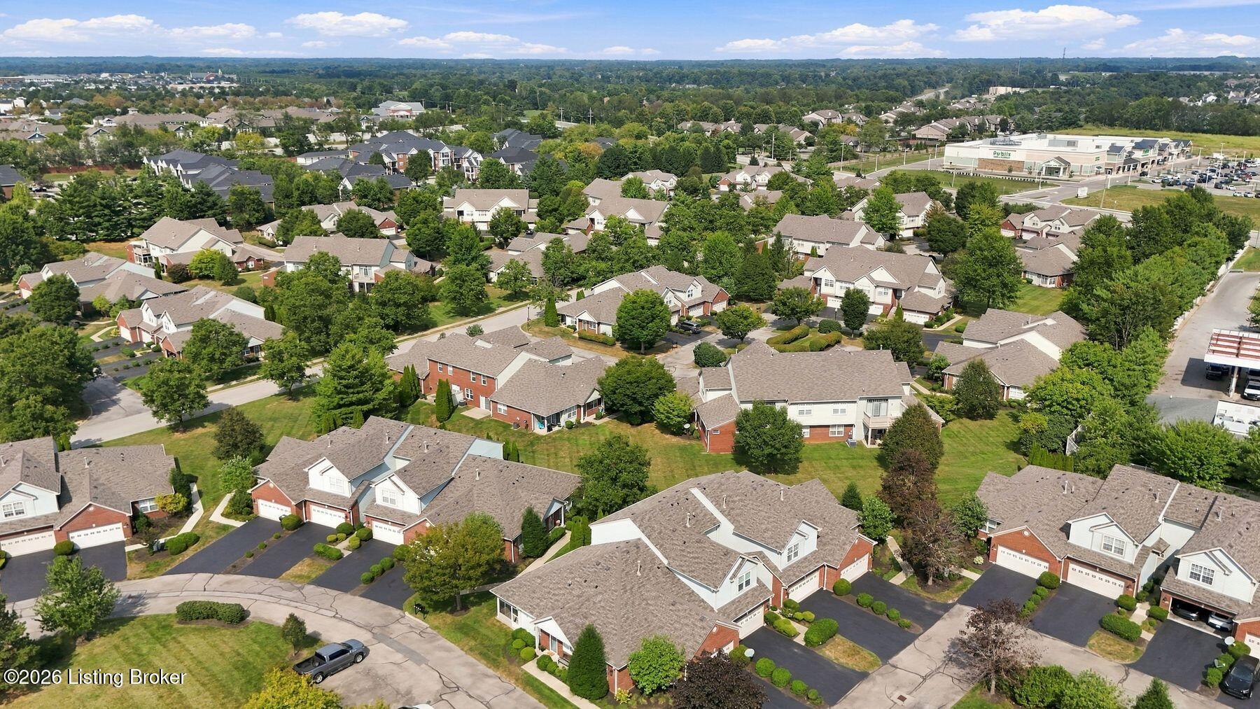 Aerial view of a leafy neighborhood with detached homes and a Publix shopping center in the distance.