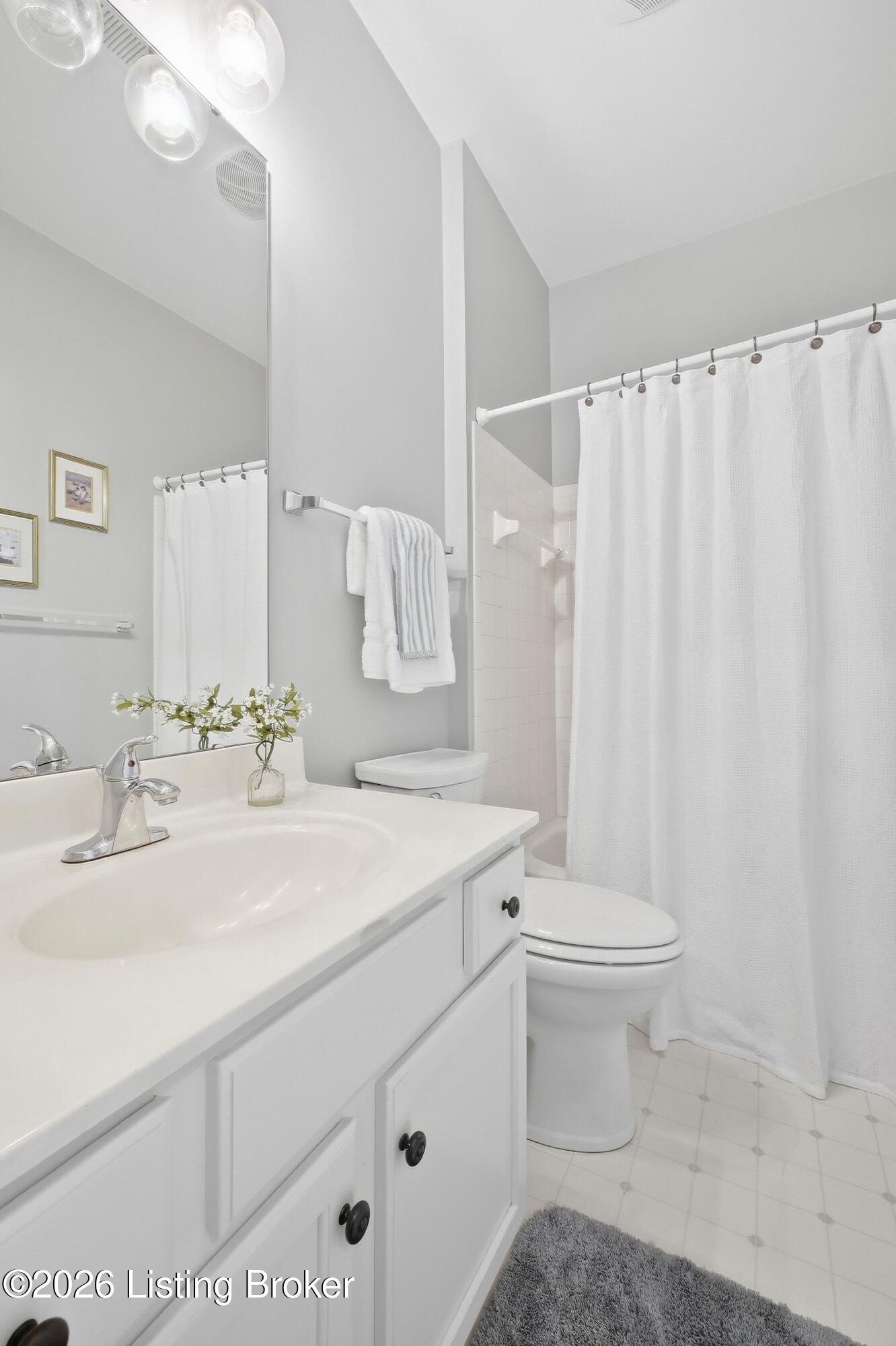 Bathroom with a white vanity, chrome faucet, toilet, and curtained shower.