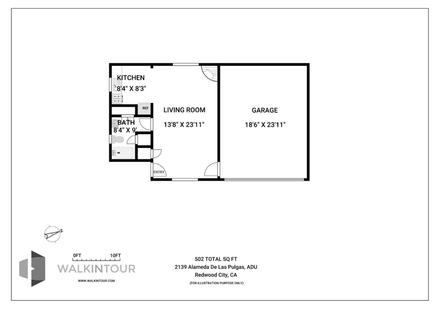 Floor plan of the 502-square-foot Alameda De Las Pulgas ADU, showing a kitchen, living room, bath, and garage.