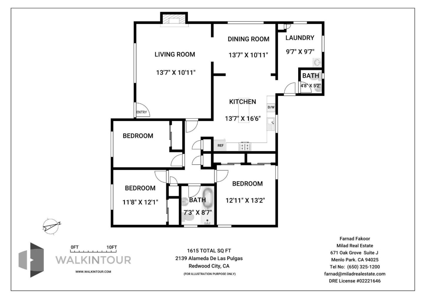 Floor plan of a three-bedroom home with two bathrooms and an open living, dining, and kitchen area.