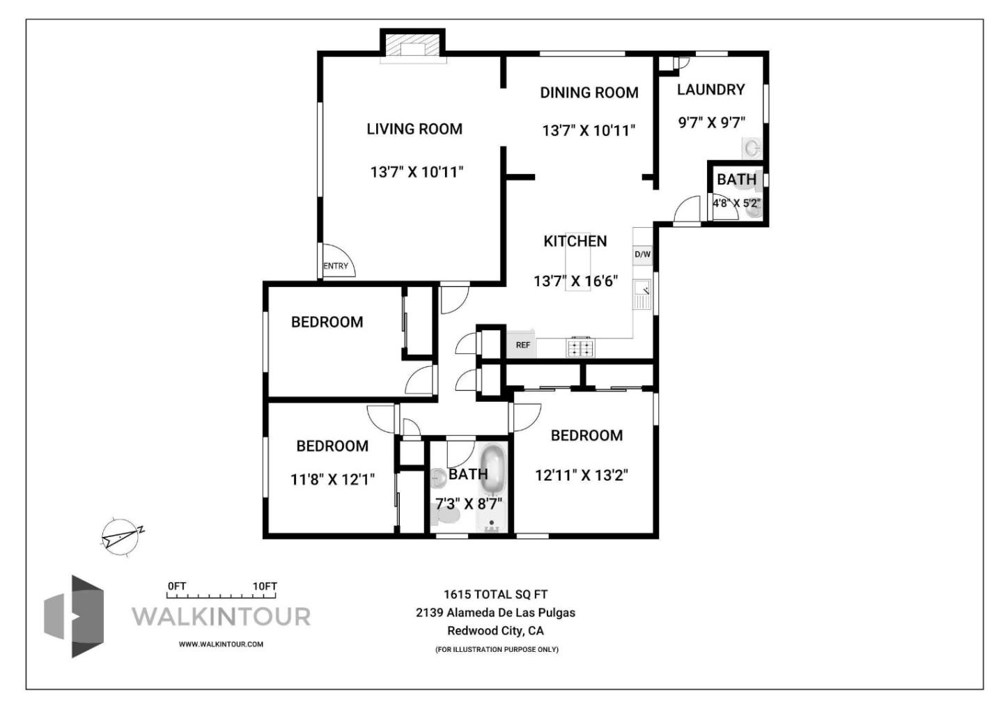Floor plan showing three bedrooms, two bathrooms, living and dining rooms, kitchen, and laundry.