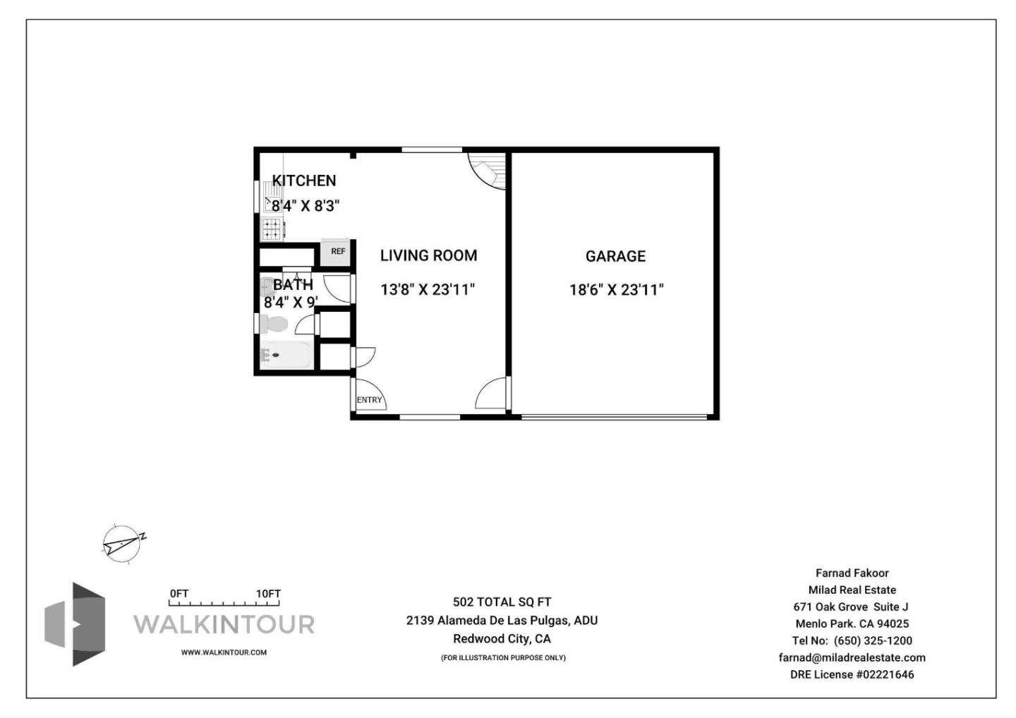 Floor plan of a 502-square-foot ADU with kitchen, living room, bath, entry, and garage.