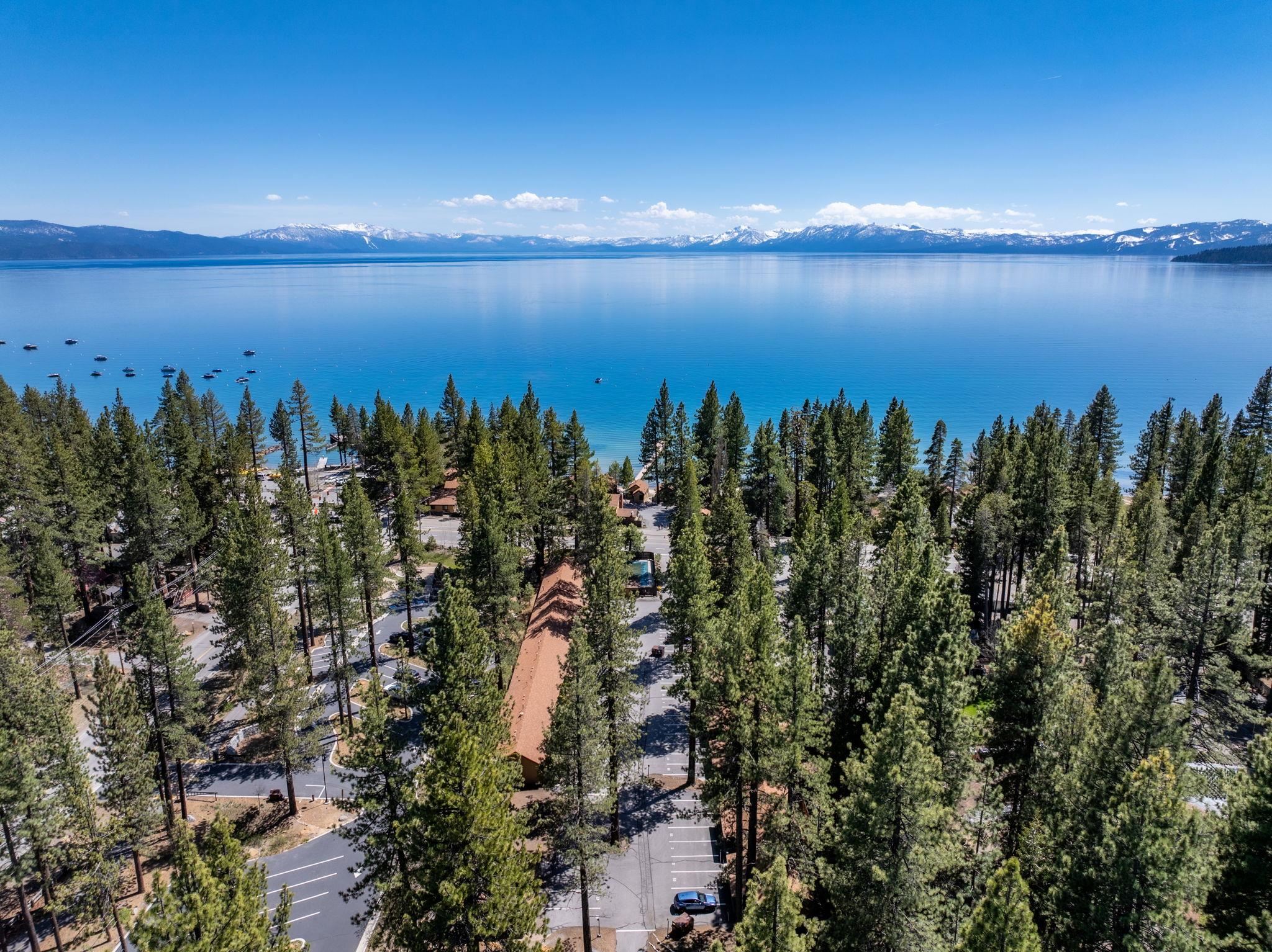 Aerial view of a pine-covered lakeside property with the lake and snow-capped mountains beyond.