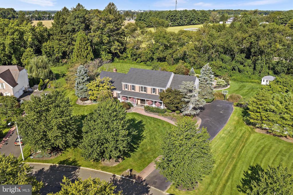 Aerial view of a two-story house surrounded by mature trees, landscaped lawn, and a curved driveway.