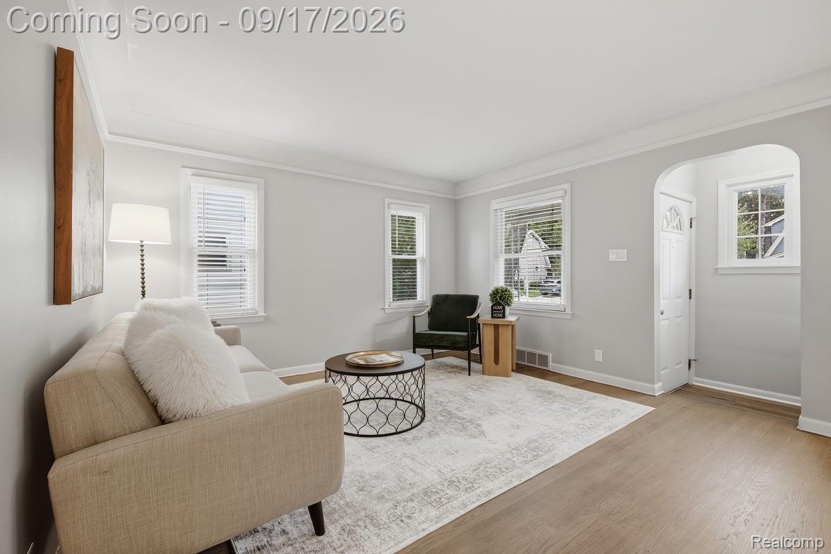 Staged living room with a beige sofa, white rug, and arched opening to the entry area.
