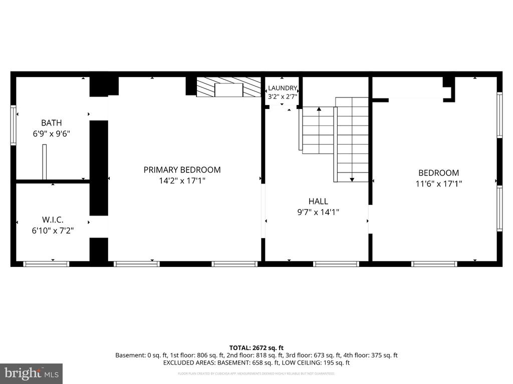 Floor plan showing two bedrooms, a bathroom, walk-in closet, laundry area, hall, and stairs.