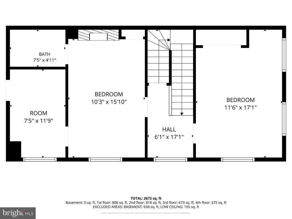 Floor plan showing two bedrooms, a bathroom, a room, a hall, and a staircase.