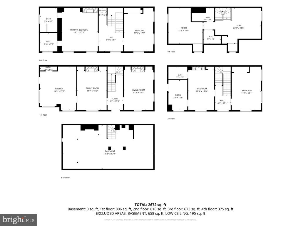 Floor plan showing the basement and four floors, labeled rooms, and a total area of 2,672 square feet.