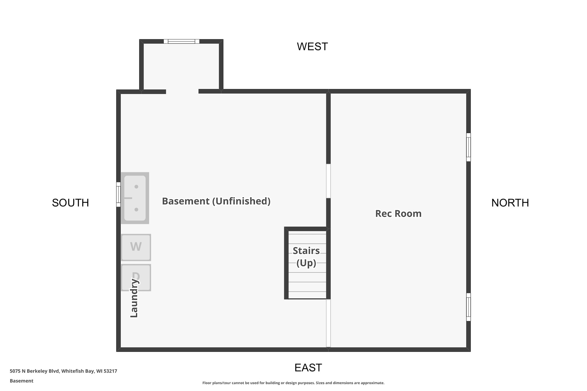Basement floor plan with an unfinished area, laundry, rec room, and stairs.