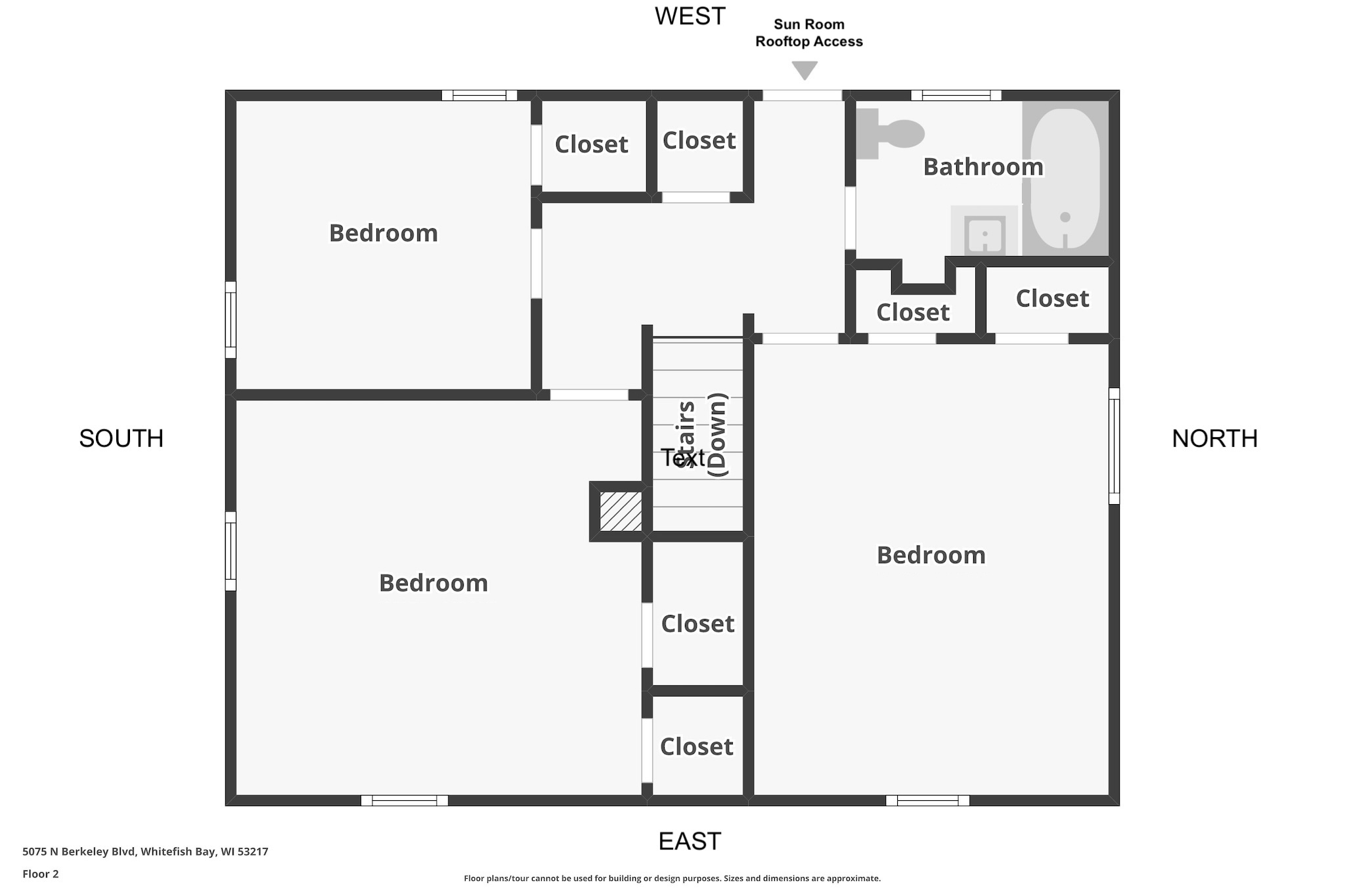 Second-floor plan with three bedrooms, a bathroom, closets, stairs, and sun room rooftop access.