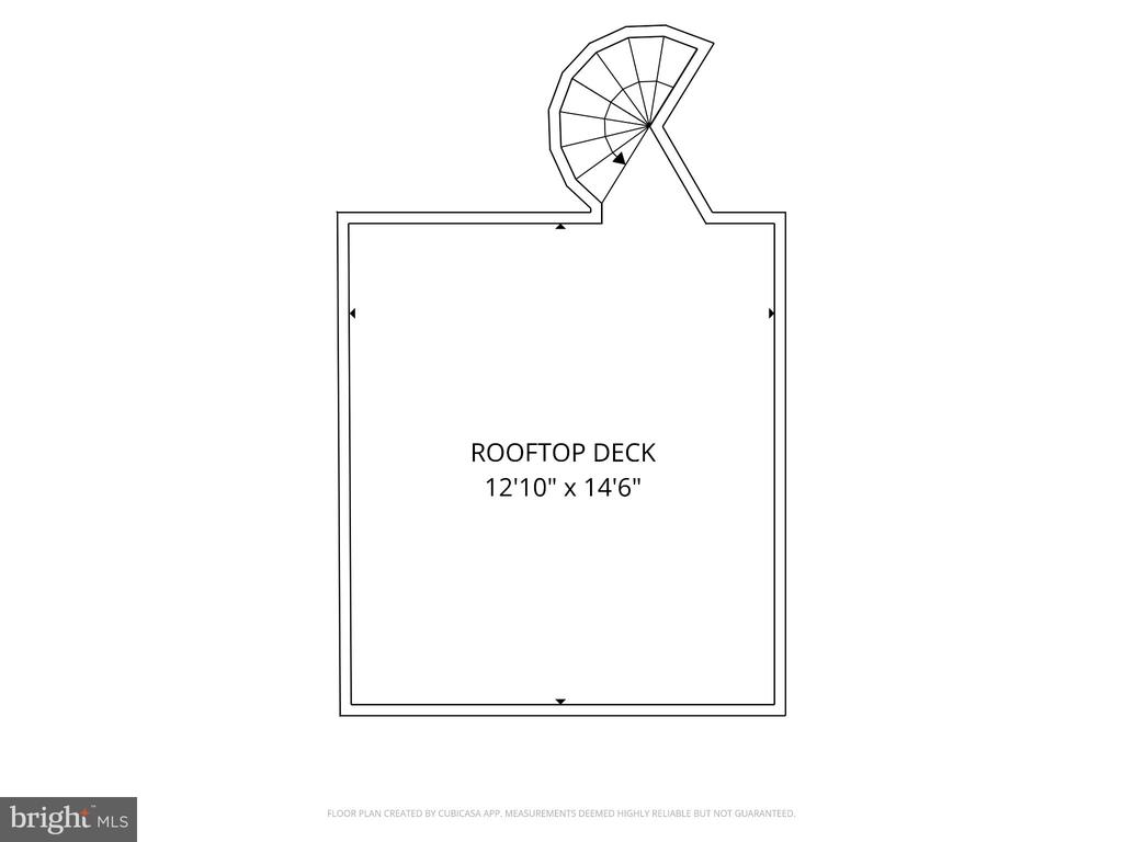 Rooftop deck floor plan with dimensions and a curved stairway.