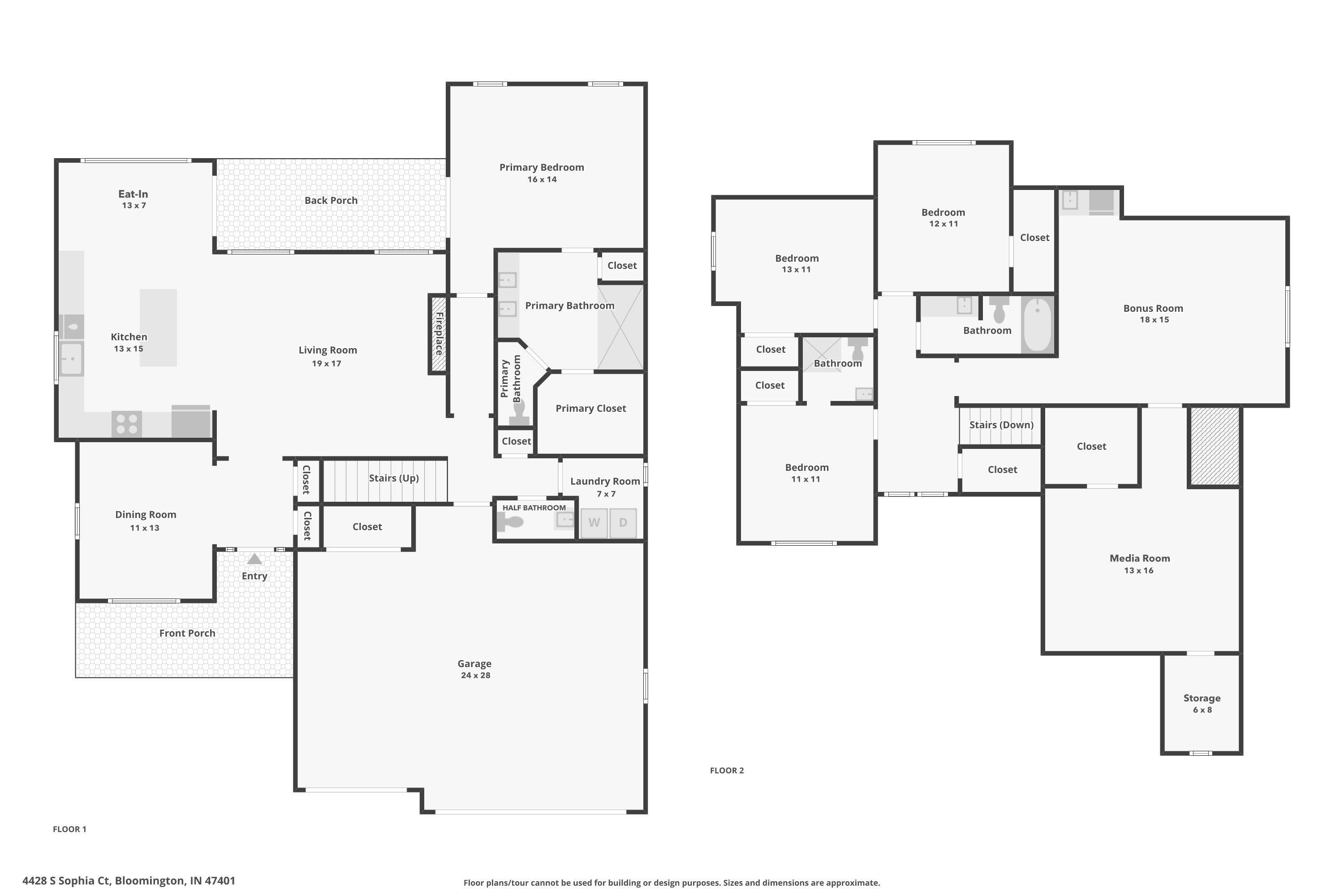 Two-floor home plan showing a primary suite, three additional bedrooms, bonus room, media room, and garage.