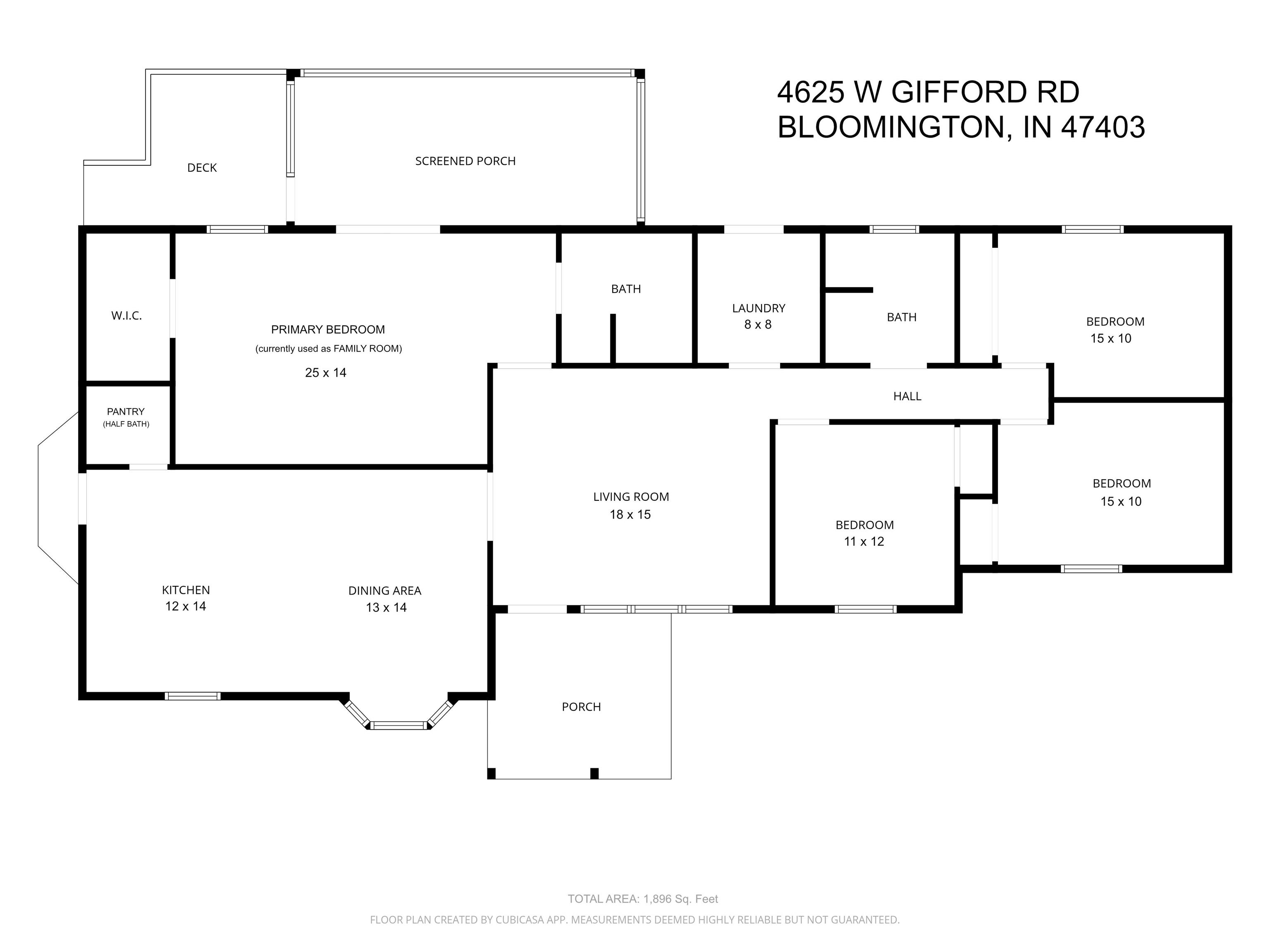 Floor plan for 4625 W Gifford Road showing four bedrooms, living room, kitchen, dining area, and porches.