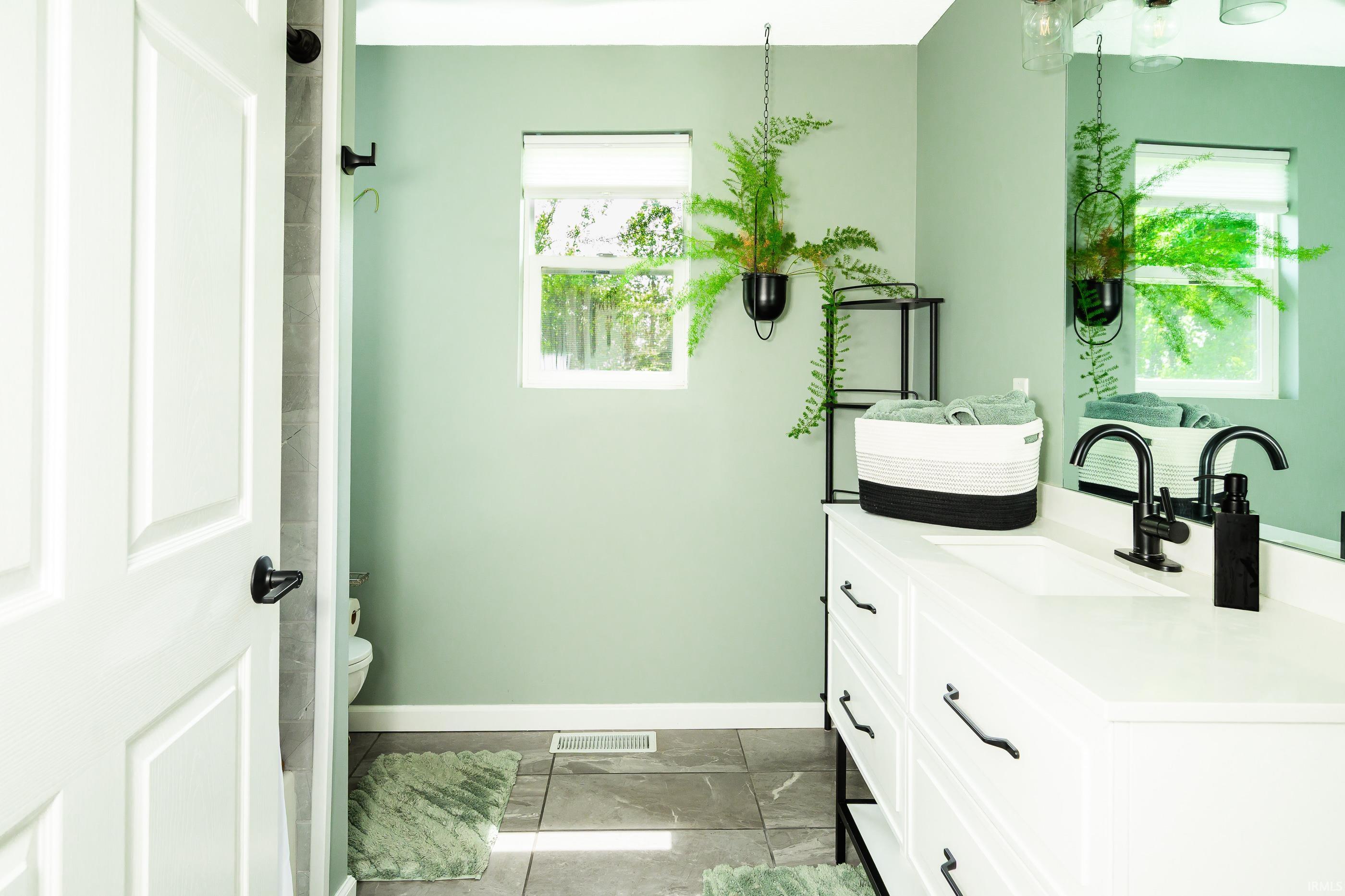 Bathroom with pale green walls, a white vanity, black fixtures, and a hanging fern.