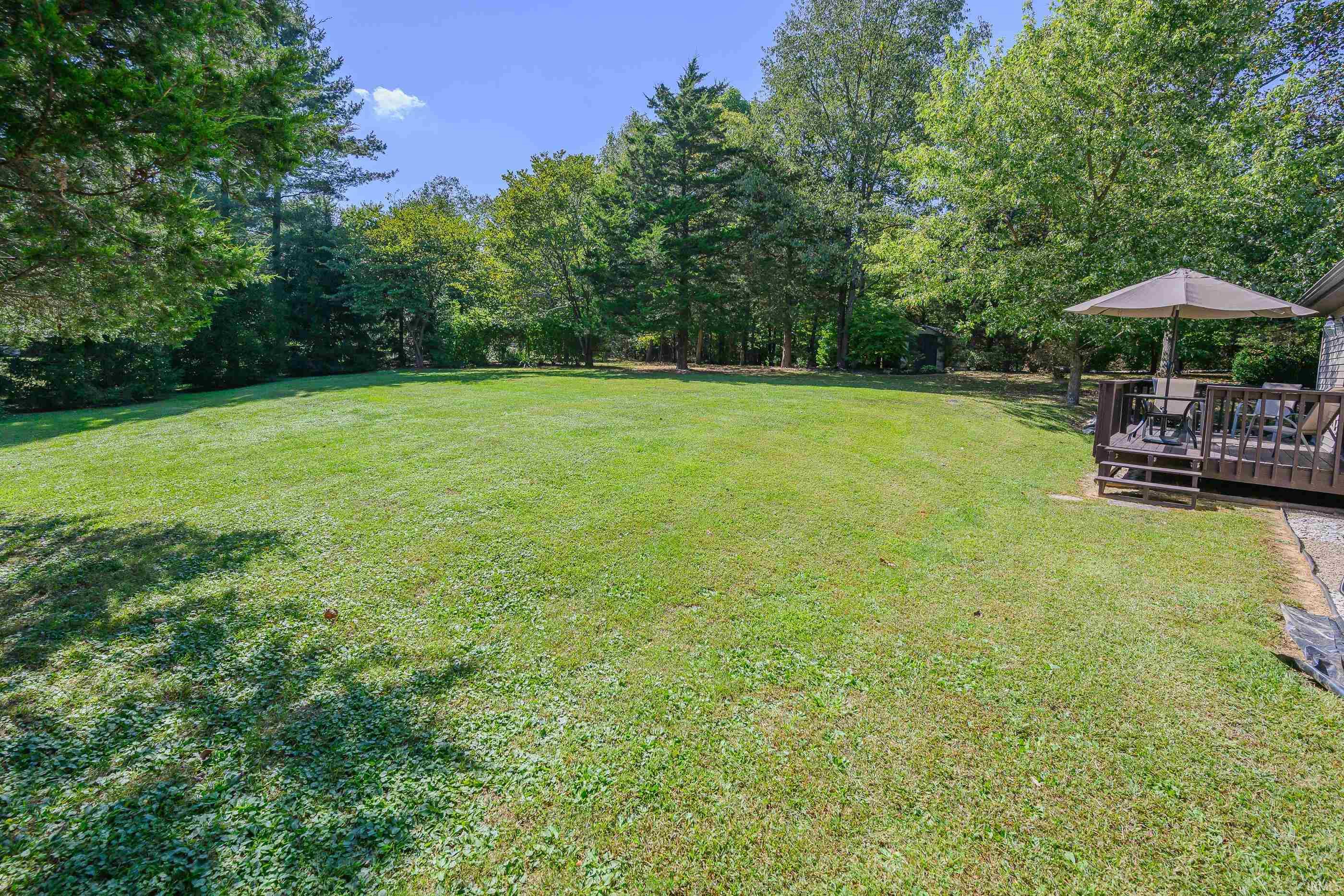 Spacious grassy backyard bordered by mature trees, with a raised deck and umbrella-covered seating.