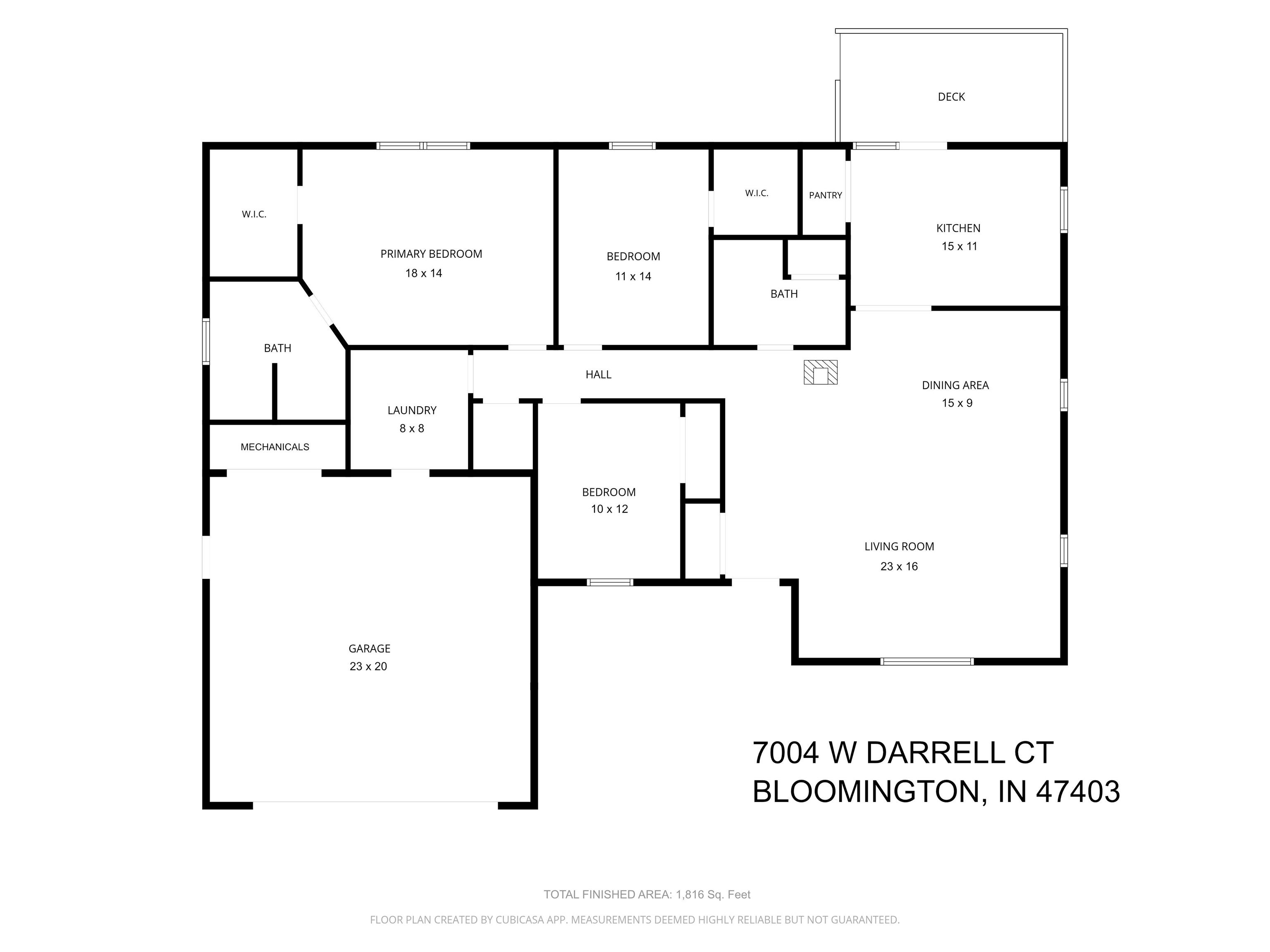 Floor plan of 7004 W Darrell Court, with three bedrooms, two baths, a garage, and a deck.