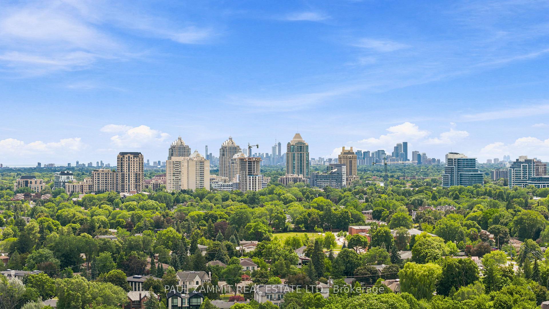 Toronto skyline rising beyond a leafy residential neighborhood.
