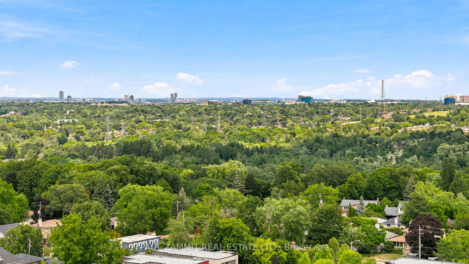 Panoramic view over leafy Toronto neighborhoods toward distant buildings, with homes in the foreground.