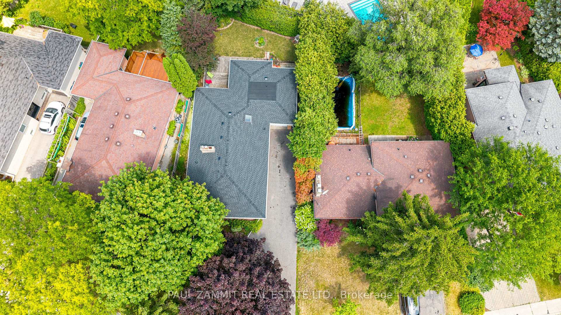 Aerial view of a gray-roofed house surrounded by mature trees, with a narrow blue pool beside it.