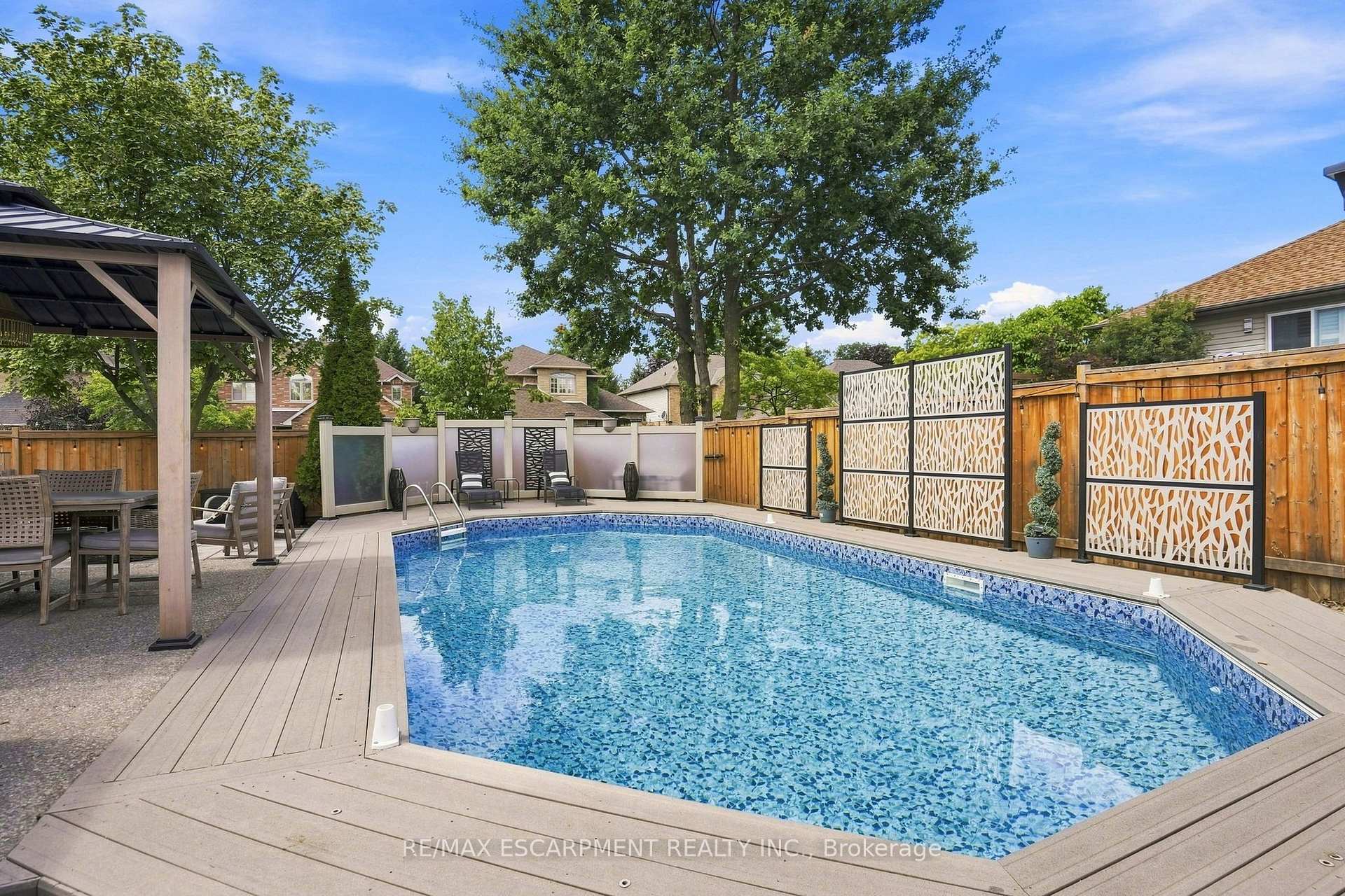 Backyard swimming pool with a wide deck, decorative privacy screens, and a covered patio.