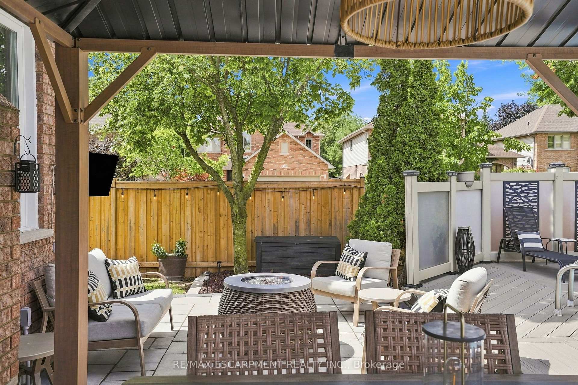 Covered backyard patio with pergola, lounge seating, fire table, and fenced yard.
