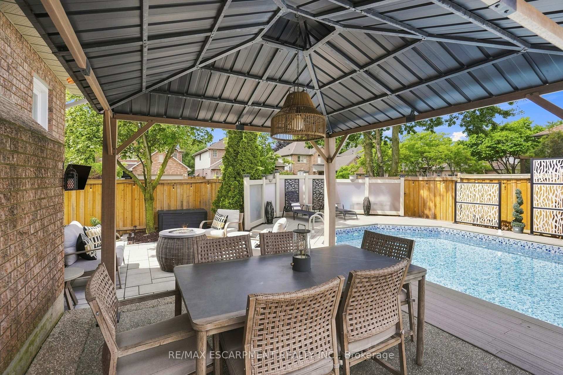 Covered backyard patio with outdoor dining furniture beside a swimming pool.