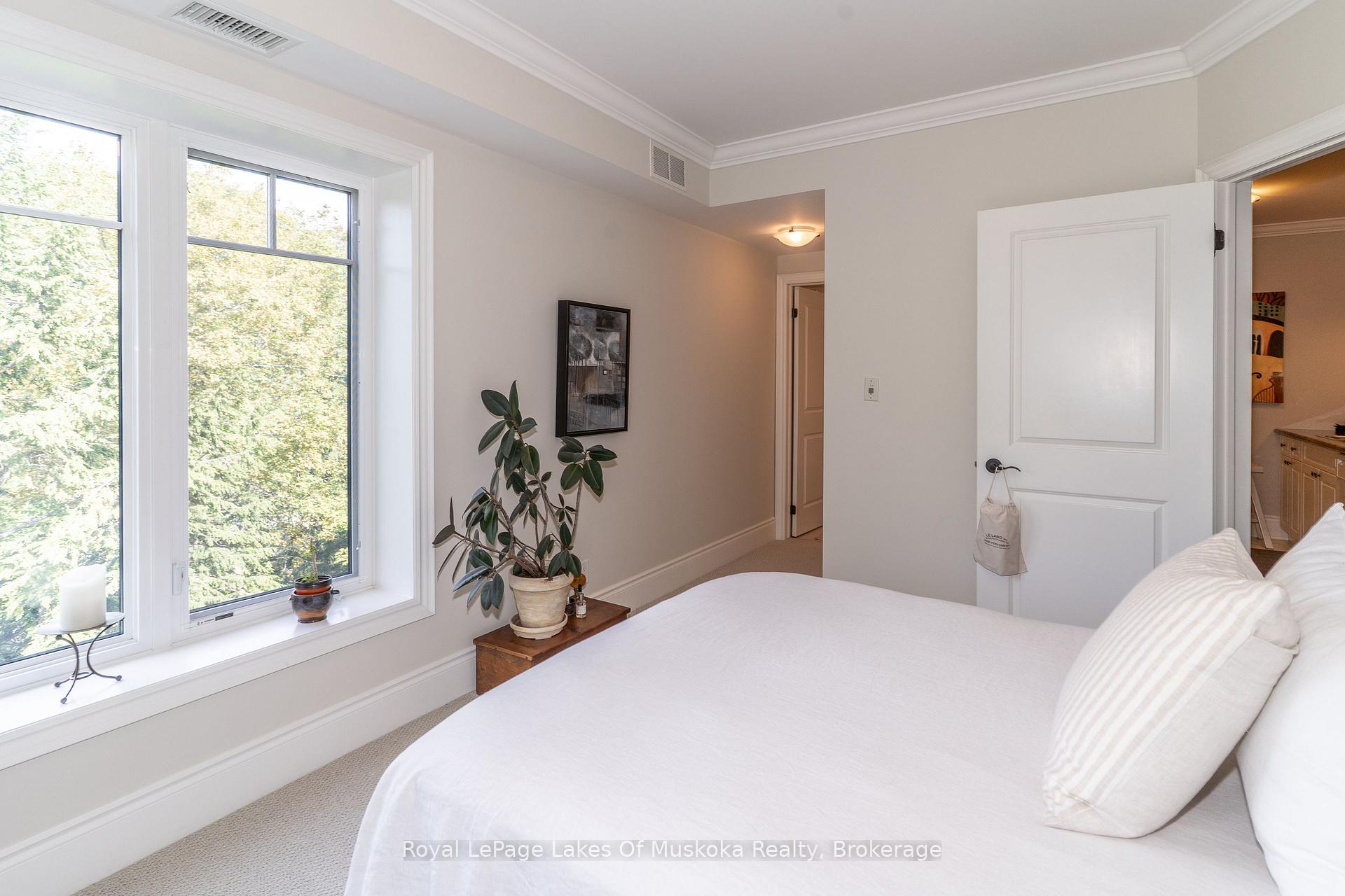 Bright bedroom with a white bed, large windows overlooking leafy trees, and a potted plant.