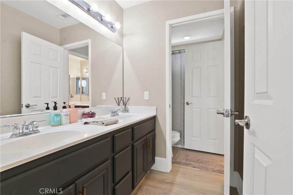 Bathroom with a double-sink vanity, dark cabinets, and a doorway to the toilet and shower area.