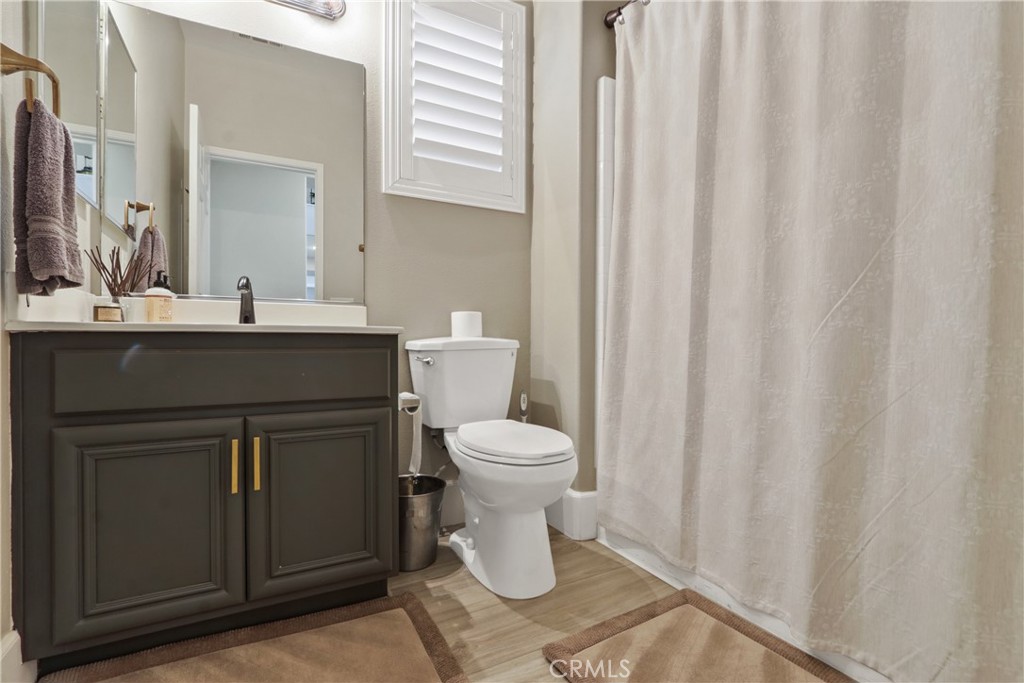 Bathroom with a dark paneled vanity, white toilet, and light shower curtain.