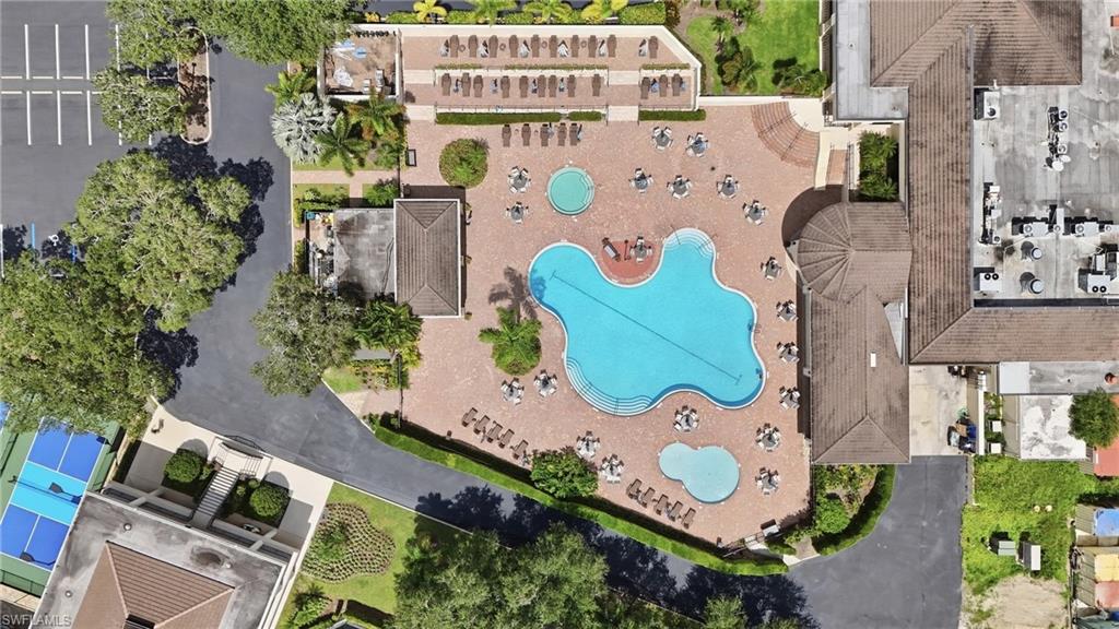 Aerial view of a community pool with a curving swimming pool, spa, and surrounding lounge deck.